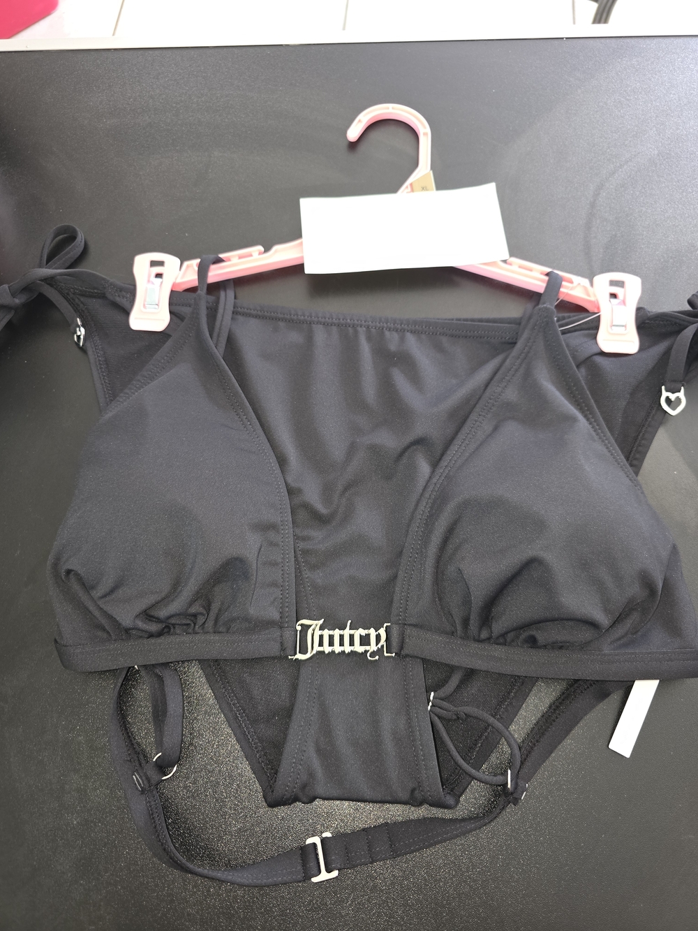 Black Bikini Top with Metal 'Juicy' Logo Accent